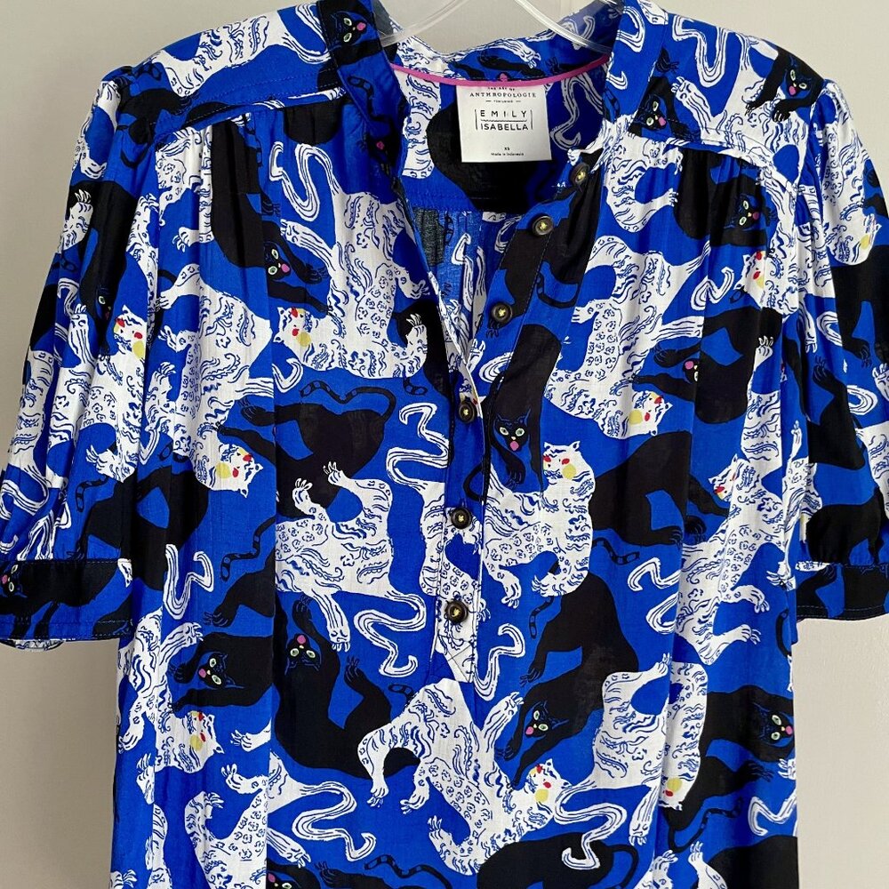 Anthropologie x Emily Isabella Robina Panther Tiger Print Blouse XS/S Blue Black